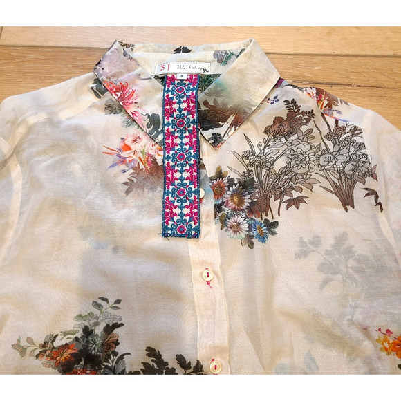 Johnny Was 3J Workshop Blouse Silk Blend Button Up Raw Hem Womens S - Picture 3 of 6